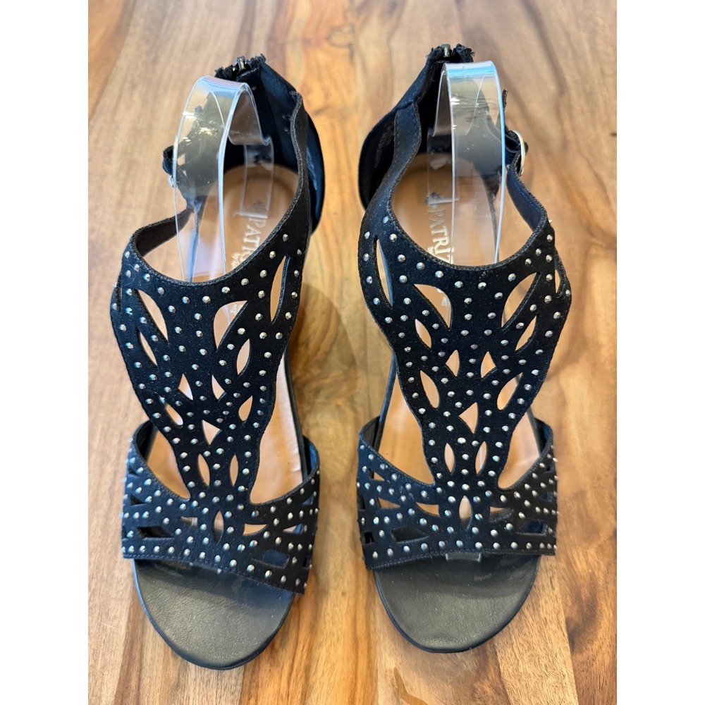 Patrizia by Spring Step Black Studded Laser Cut Wedge Sandals Silver Heel 40
